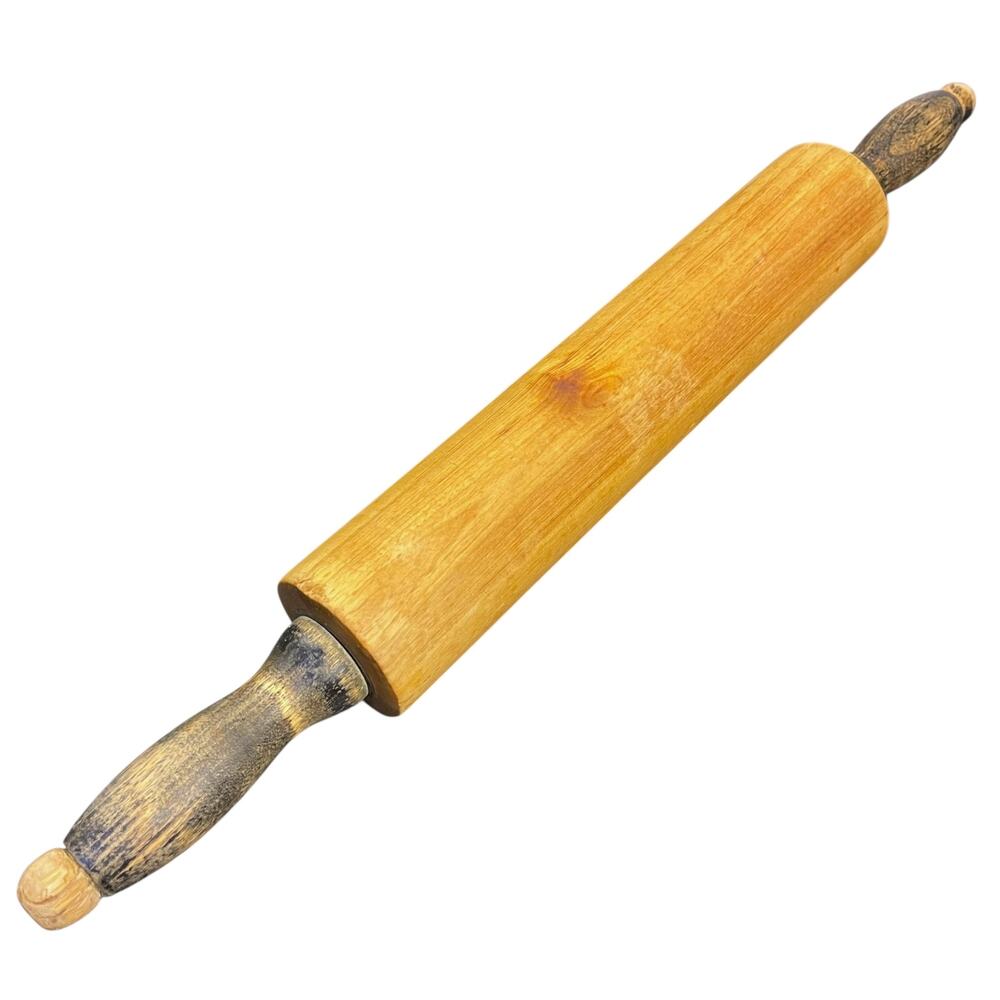 Vintage Solid Wood Rolling Pin Distressed Handles Primitive Farmhouse 18.5"